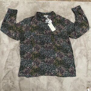 Anthropologie Pleione Women's Floral Print Blouse‎ Size L Black Multi-Color NWT